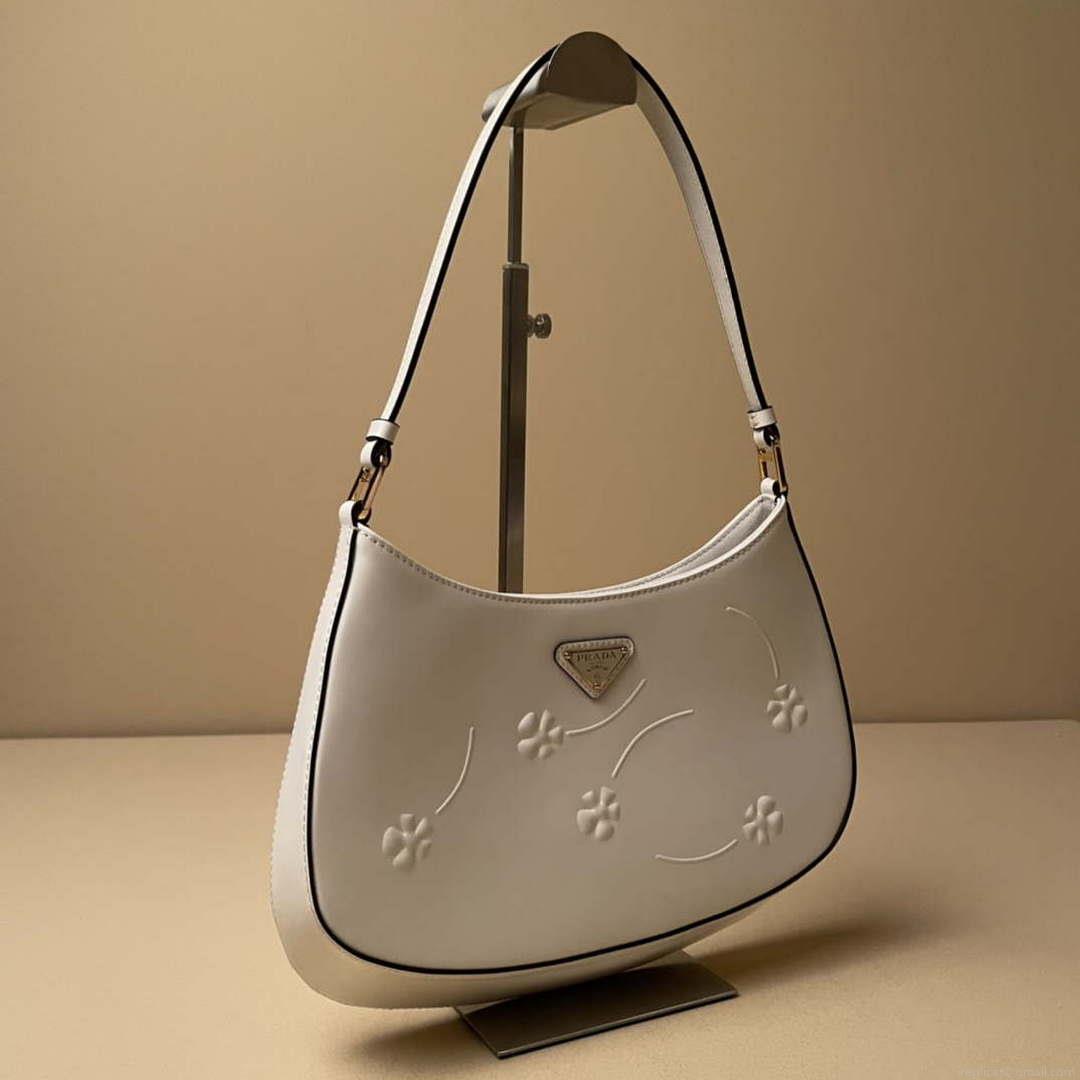 Prada 1BC499 Cleo brushed Gradient leather shoulder bag relief flower White