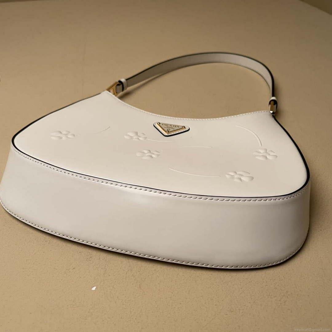 Prada 1BC499 Cleo brushed Gradient leather shoulder bag relief flower White