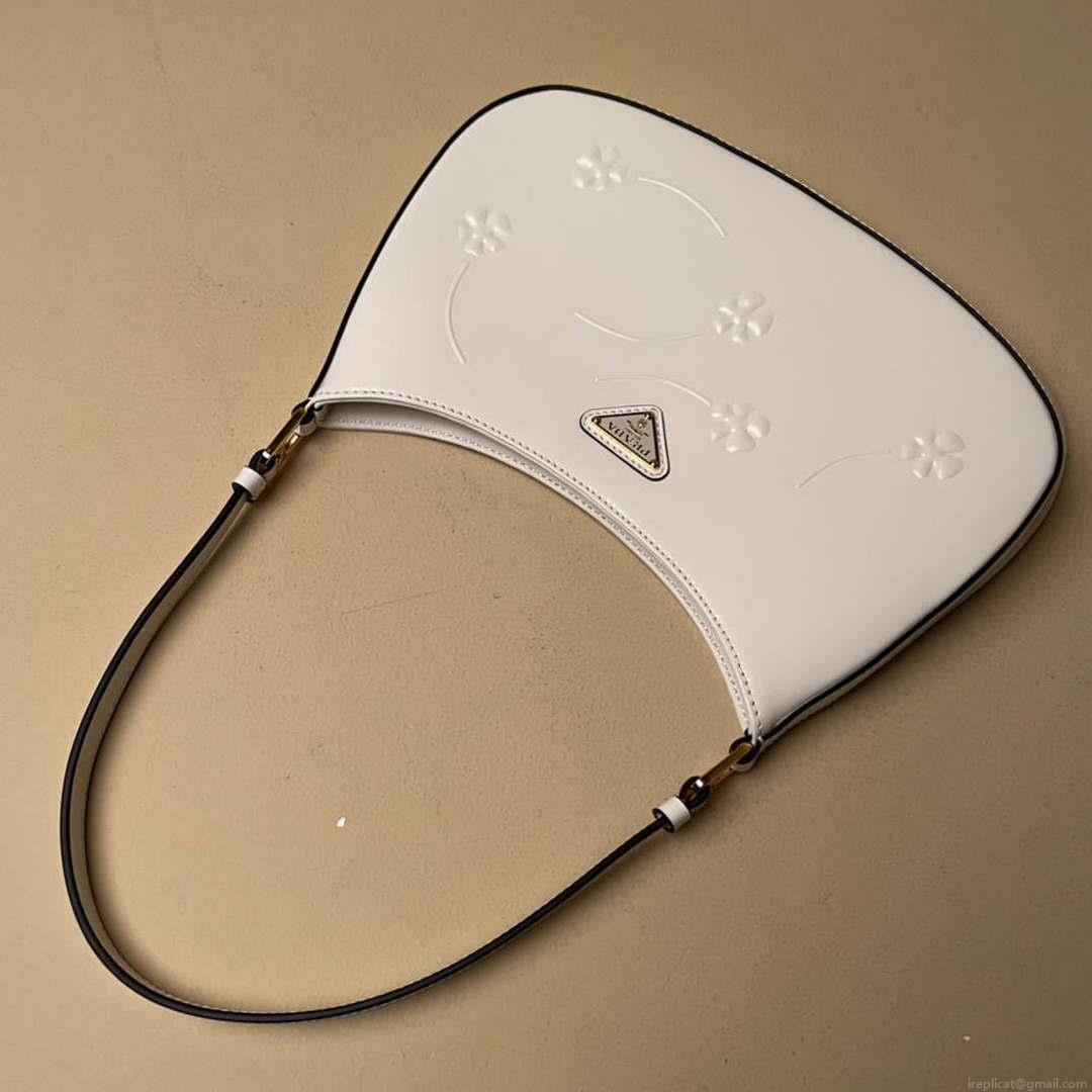 Prada 1BC499 Cleo brushed Gradient leather shoulder bag relief flower White