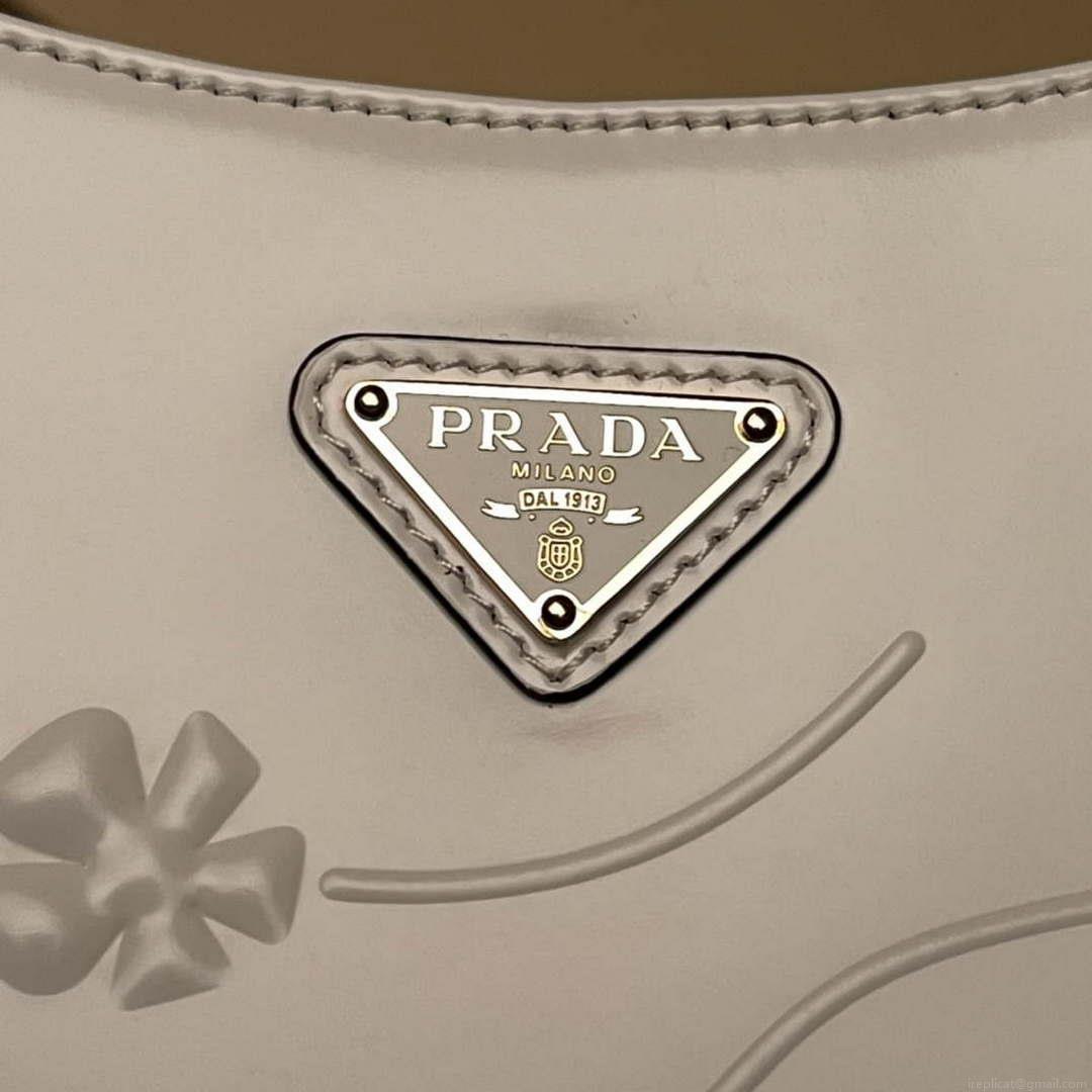 Prada 1BC499 Cleo brushed Gradient leather shoulder bag relief flower White
