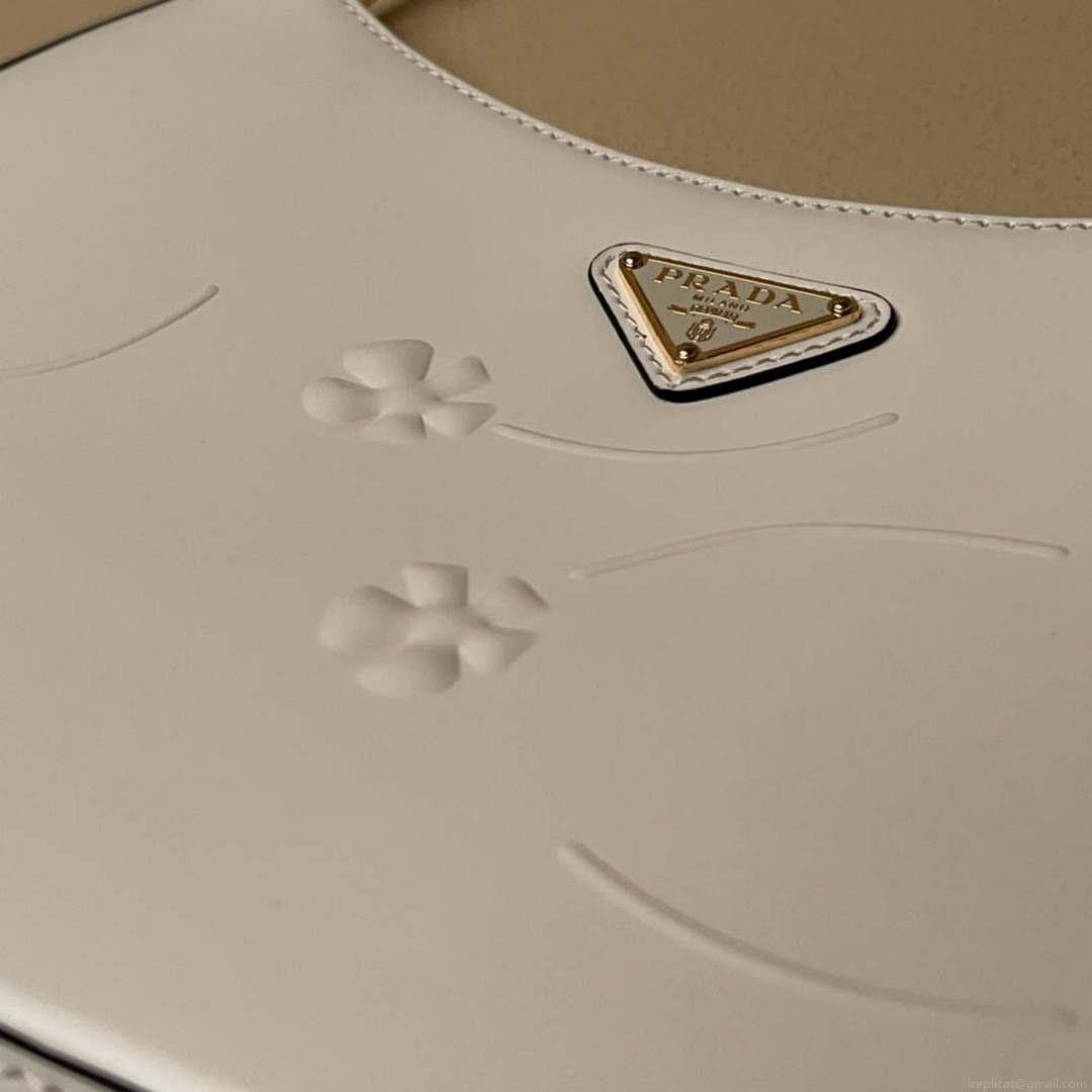 Prada 1BC499 Cleo brushed Gradient leather shoulder bag relief flower White