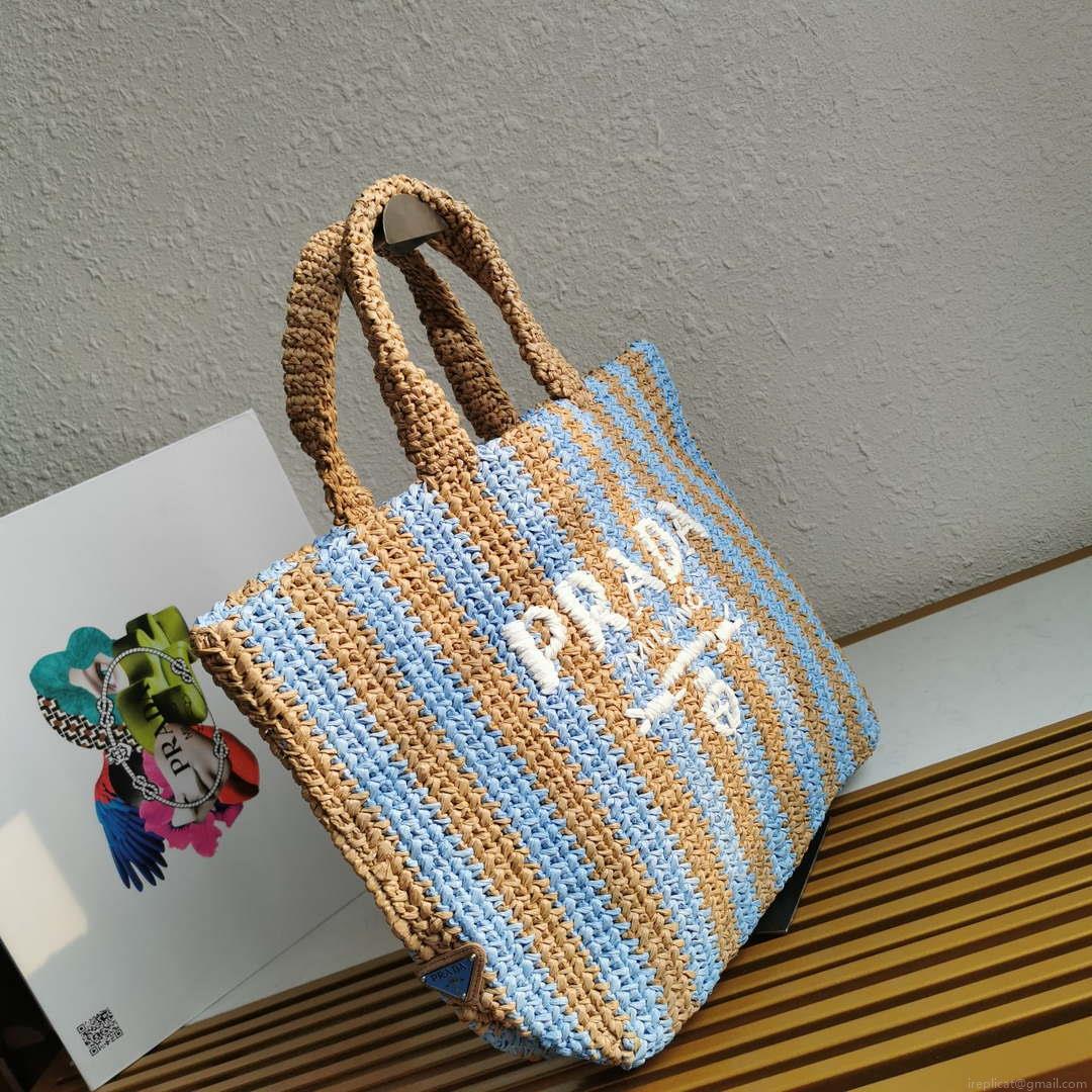 Prada 1BG392 Large Crochet tote bag Nature With Blue