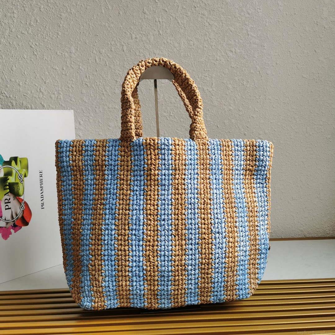 Prada 1BG392 Large Crochet tote bag Nature With Blue