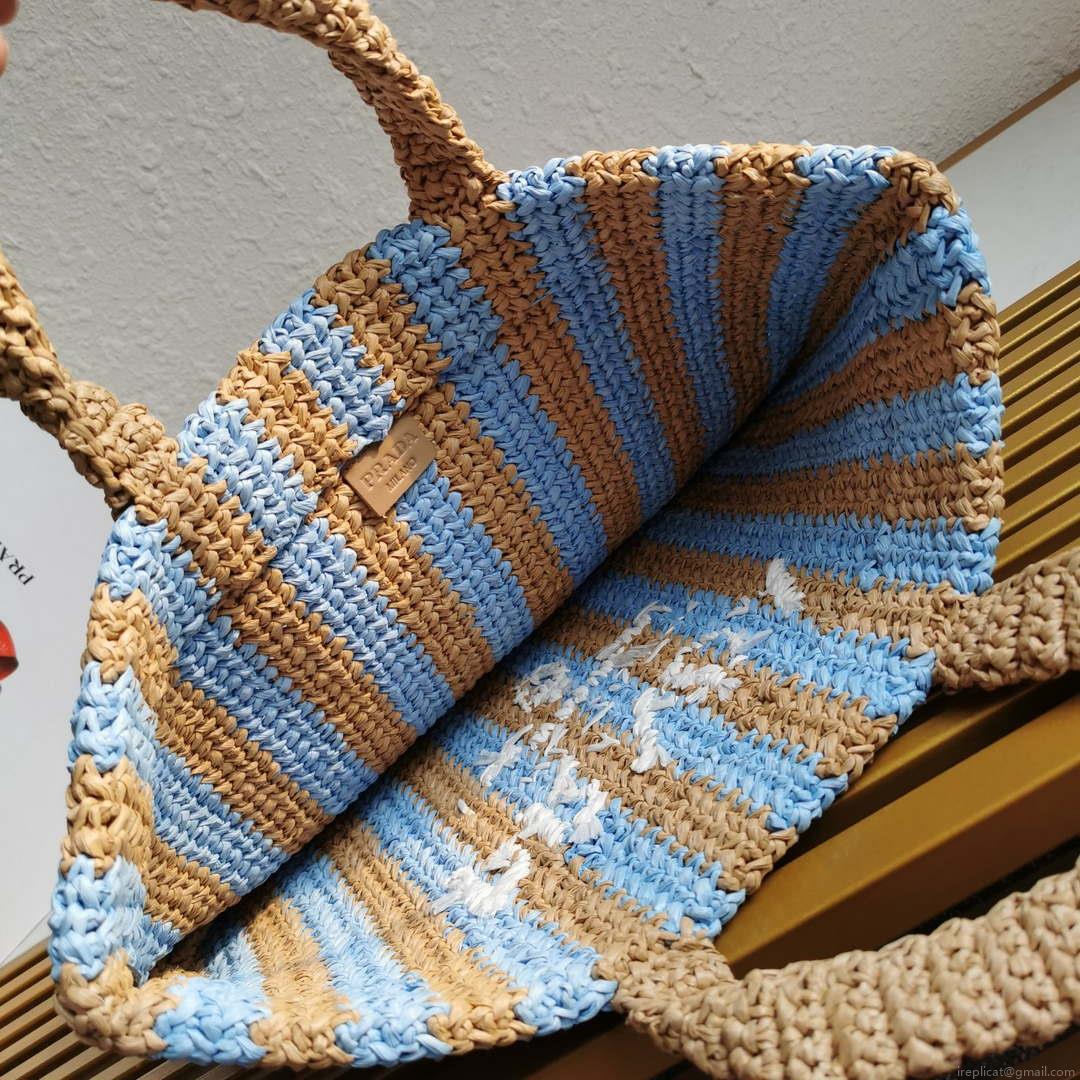 Prada 1BG392 Large Crochet tote bag Nature With Blue