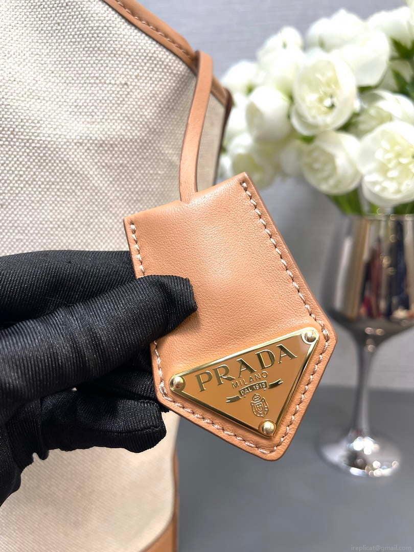 Prada 1BG472 Large linen blend and leather tote bag Natural