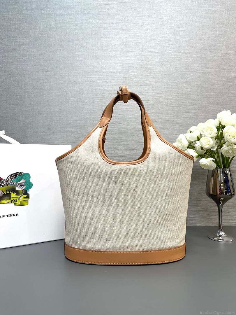 Prada 1BG471 Medium linen blend and leather tote bag Natural