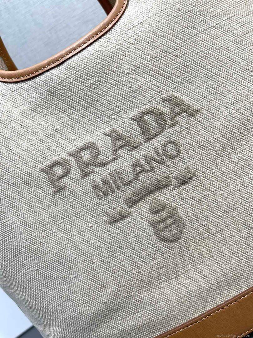 Prada 1BG471 Medium linen blend and leather tote bag Natural