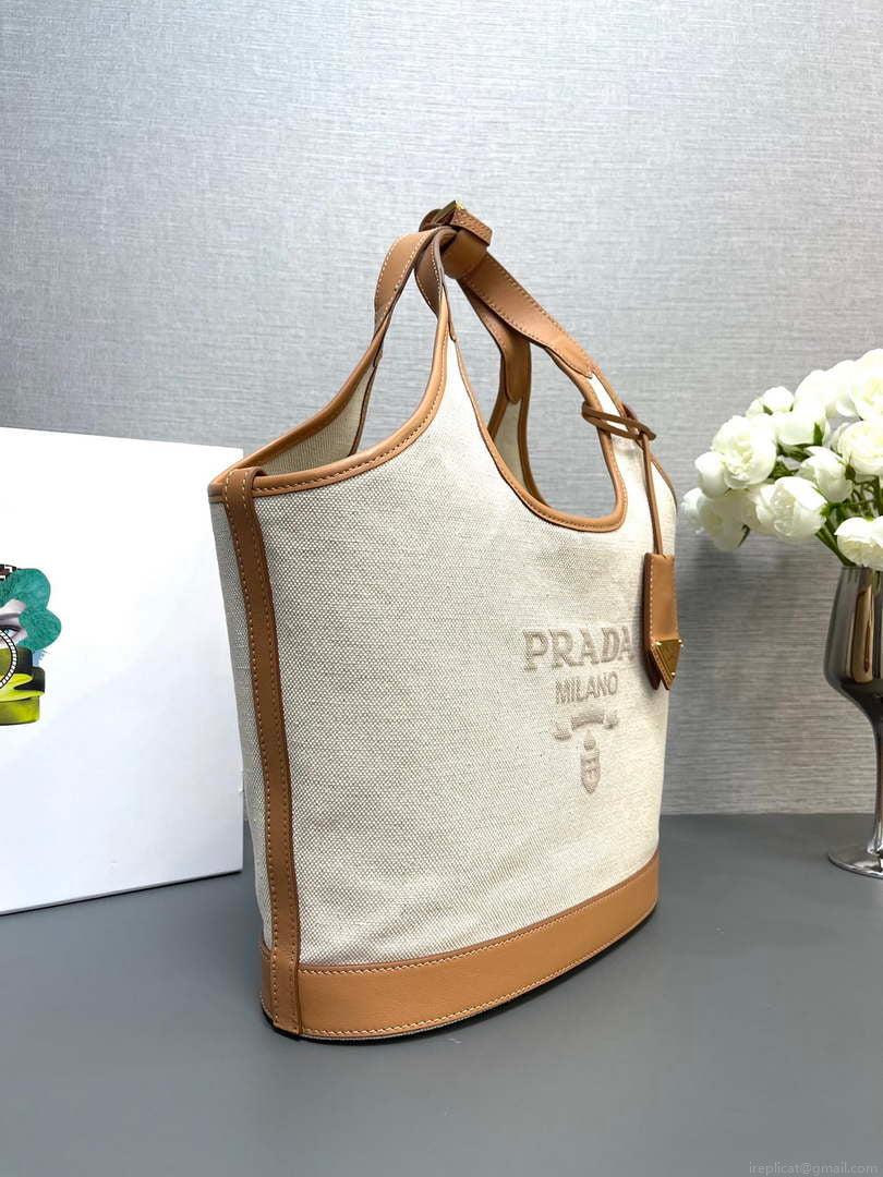 Prada 1BG471 Medium linen blend and leather tote bag Natural