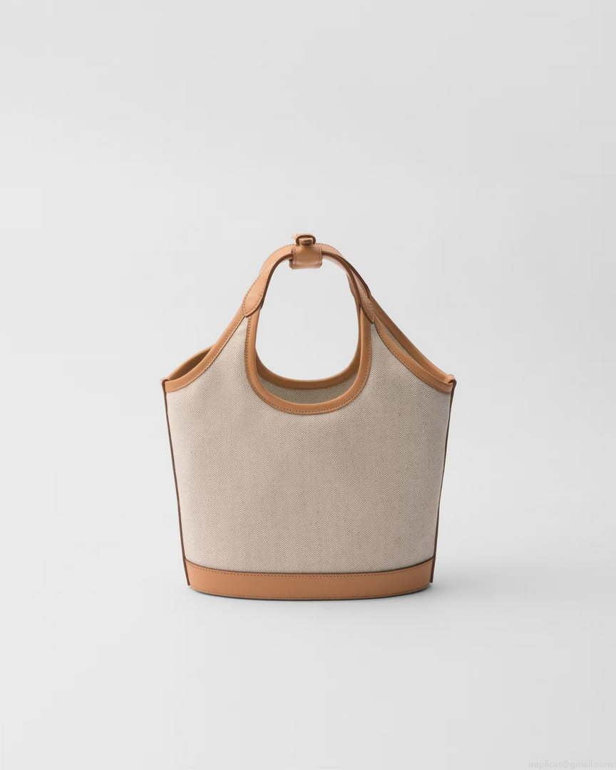 Prada 1BE074 Small linen blend and leather tote bag Natural