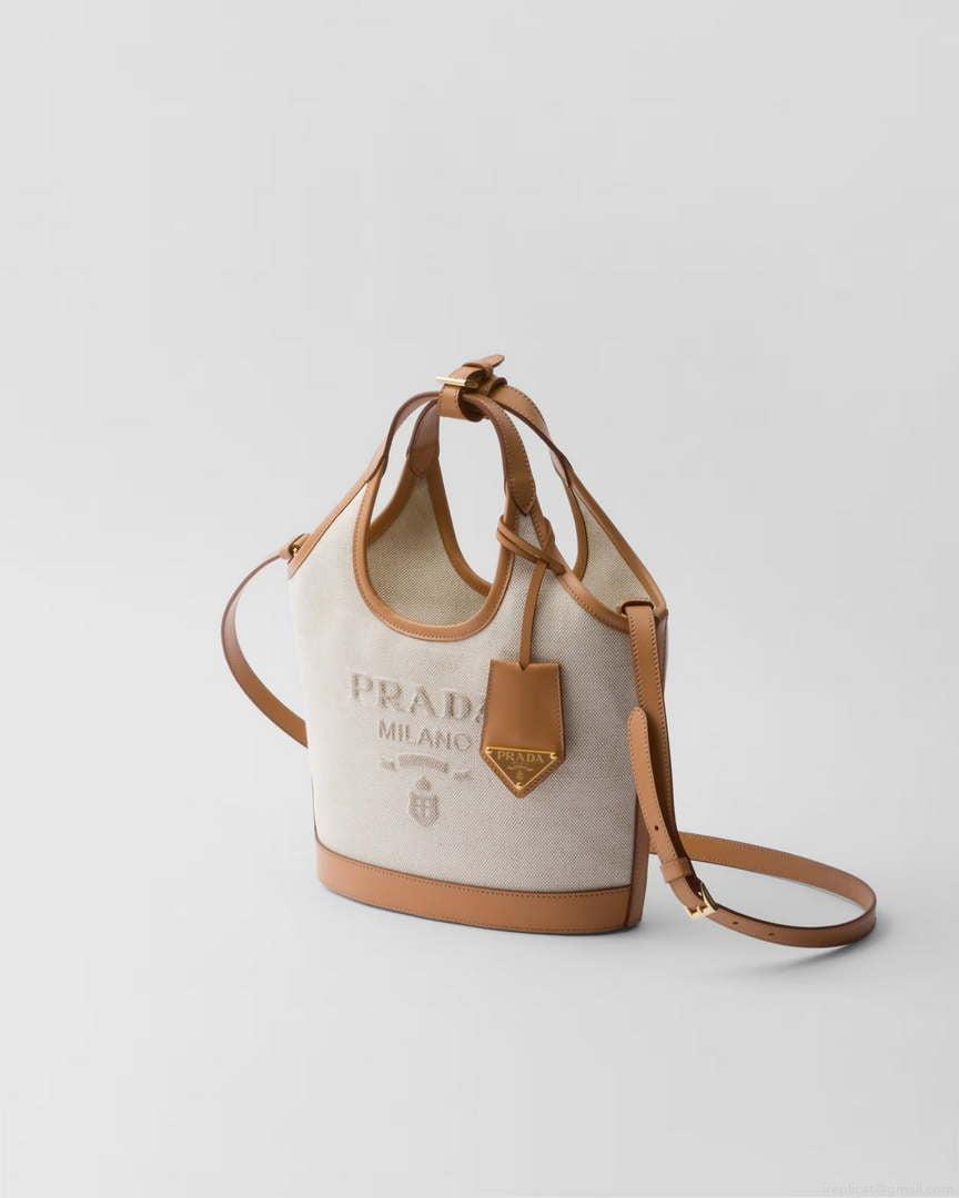 Prada 1BE074 Small linen blend and leather tote bag Natural