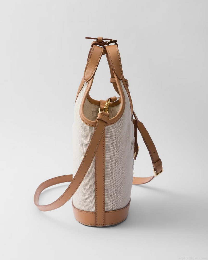 Prada 1BE074 Small linen blend and leather tote bag Natural