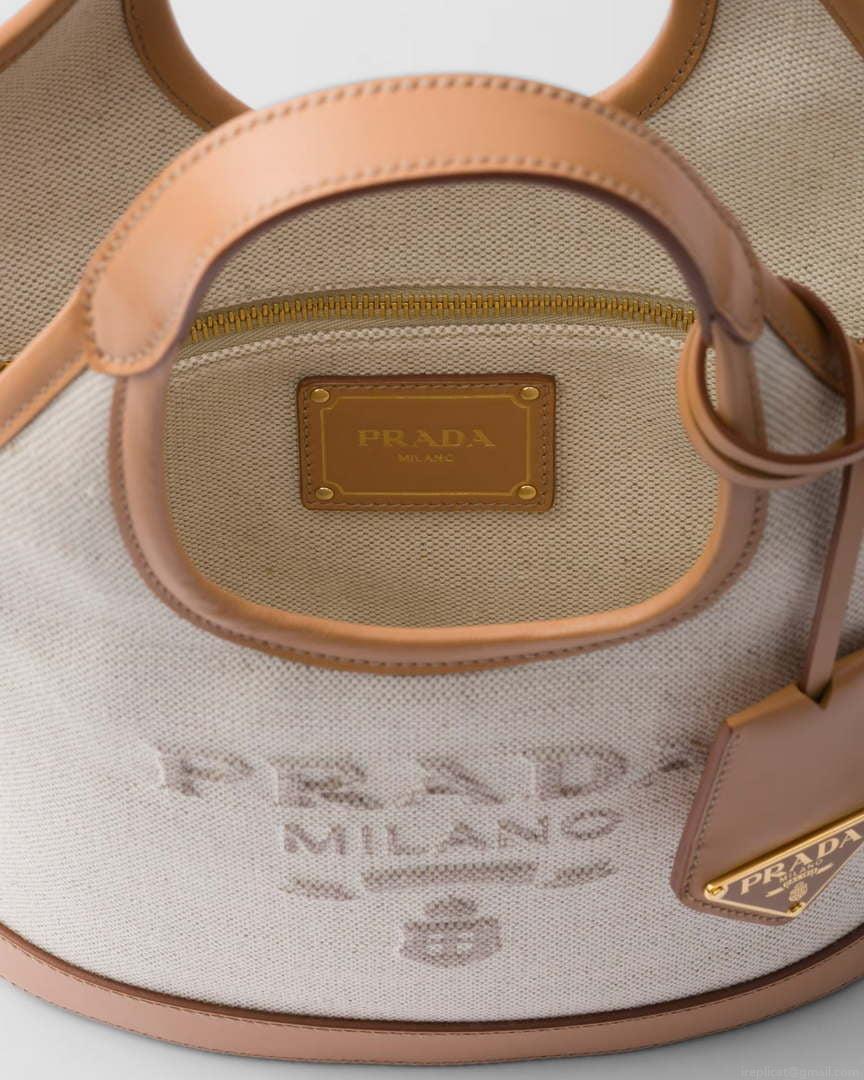 Prada 1BE074 Small linen blend and leather tote bag Natural