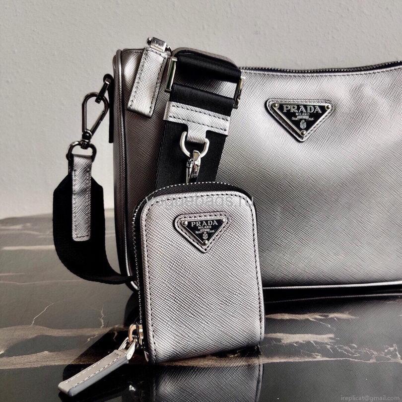 Prada 2VH113 Saffiano Leather Shoulder Bag in Sliver Grey