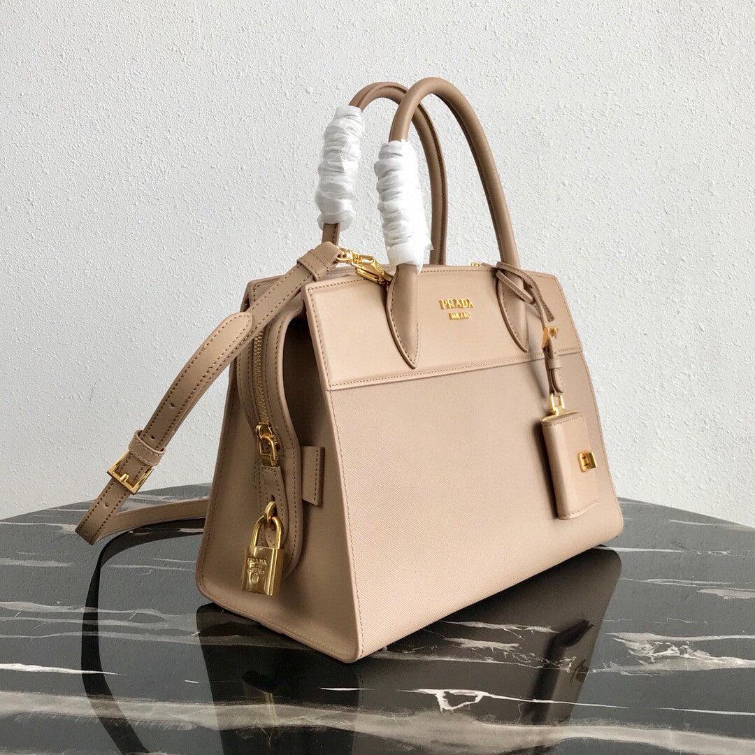 Prada 1BA046 Medium Esplanade Leather Tote Bag Apricot