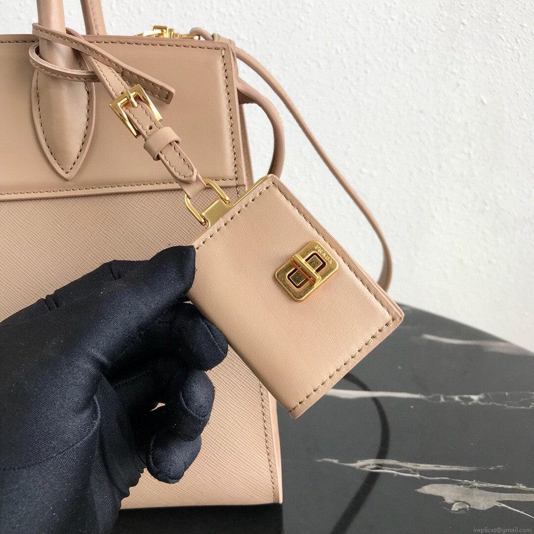 Prada 1BA046 Medium Esplanade Leather Tote Bag Apricot