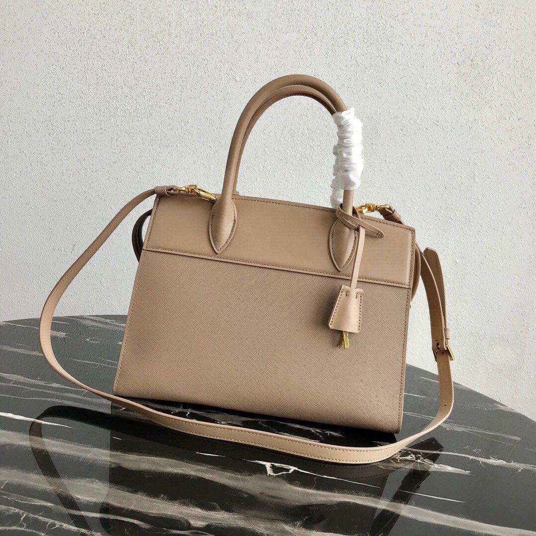 Prada 1BA046 Medium Esplanade Leather Tote Bag Apricot