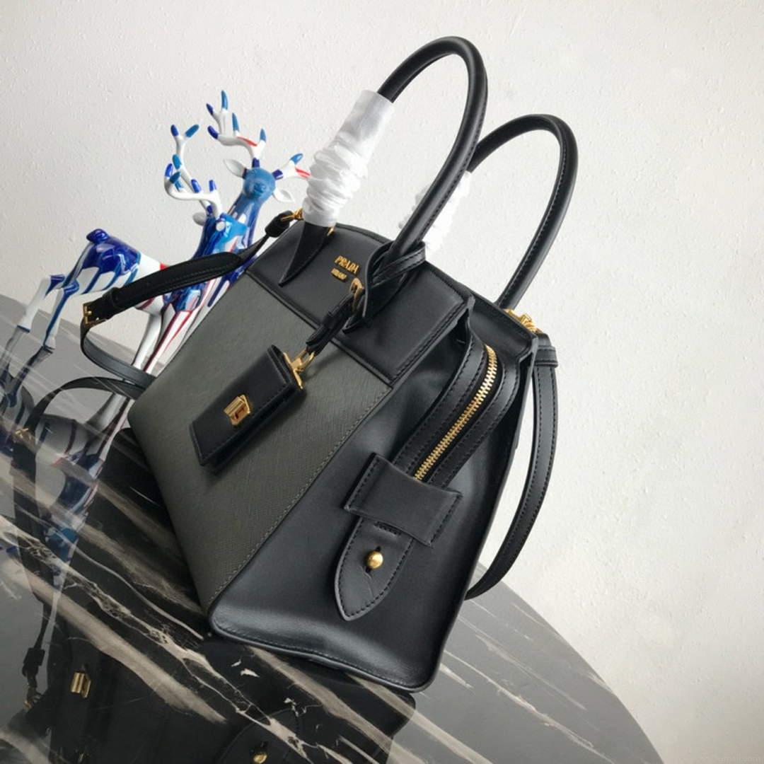 Prada 1BA046 Medium Esplanade Leather Tote Bag Grey and Black