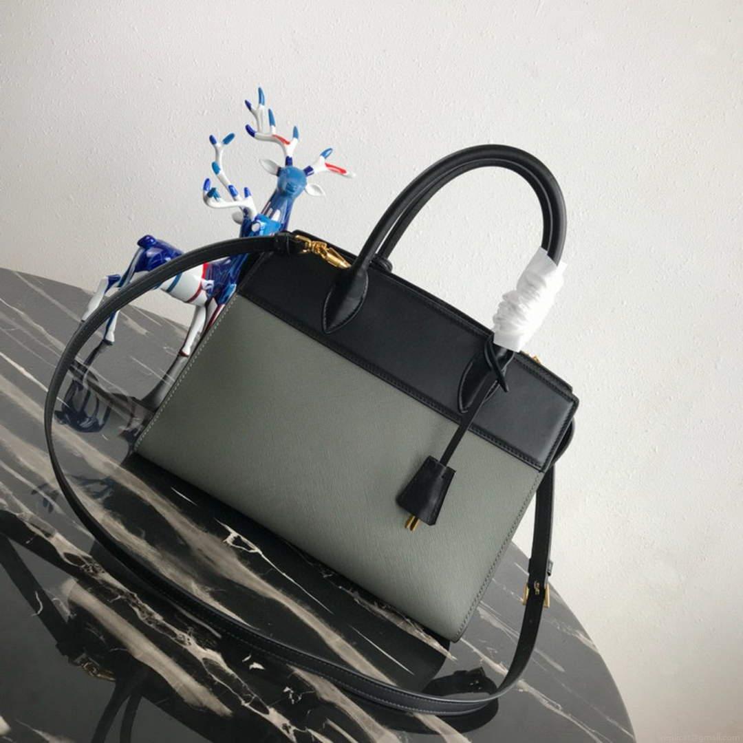 Prada 1BA046 Medium Esplanade Leather Tote Bag Grey and Black