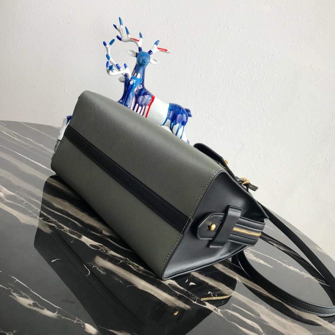 Prada 1BA046 Medium Esplanade Leather Tote Bag Grey and Black