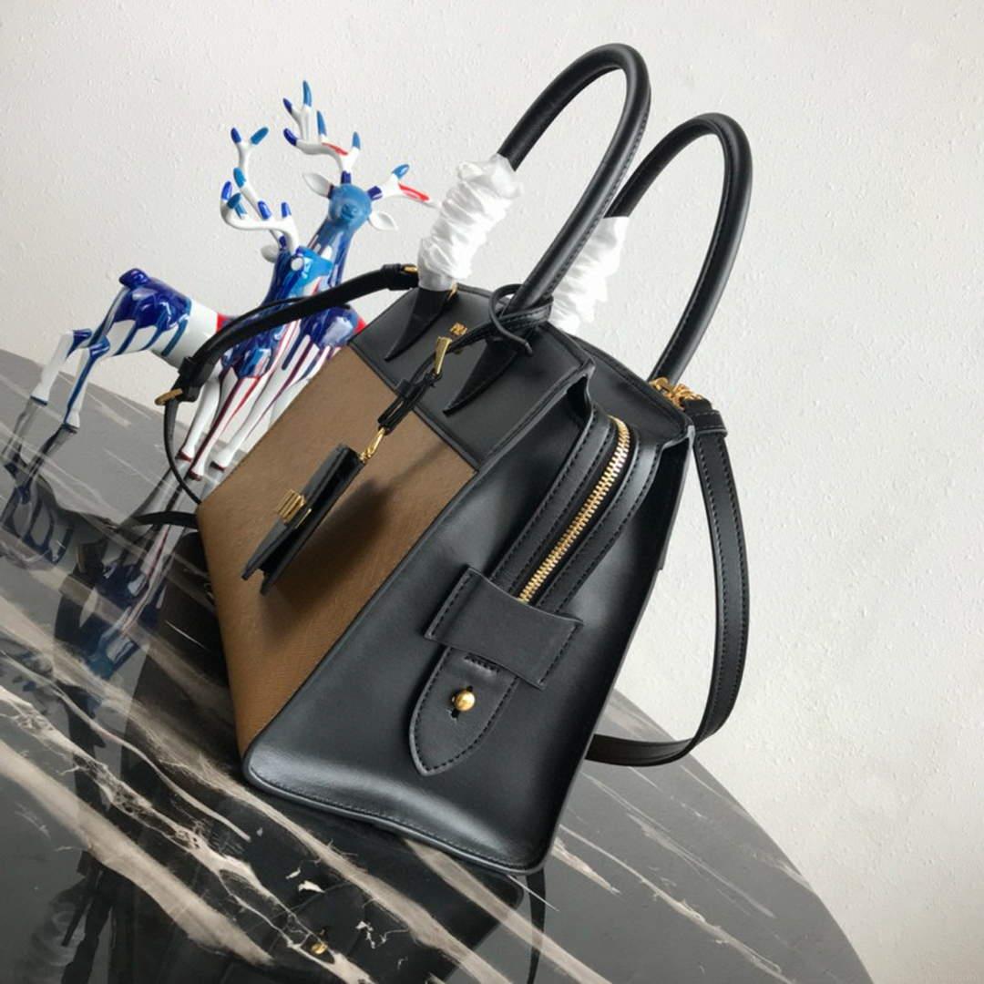Prada 1BA046 Medium Esplanade Leather Tote Bag Apricot and Black