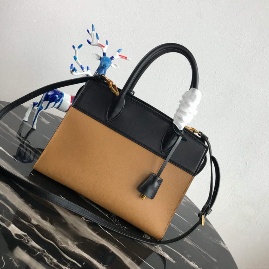 Prada 1BA046 Medium Esplanade Leather Tote Bag Apricot and Black