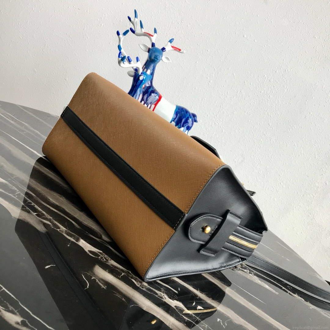 Prada 1BA046 Medium Esplanade Leather Tote Bag Apricot and Black