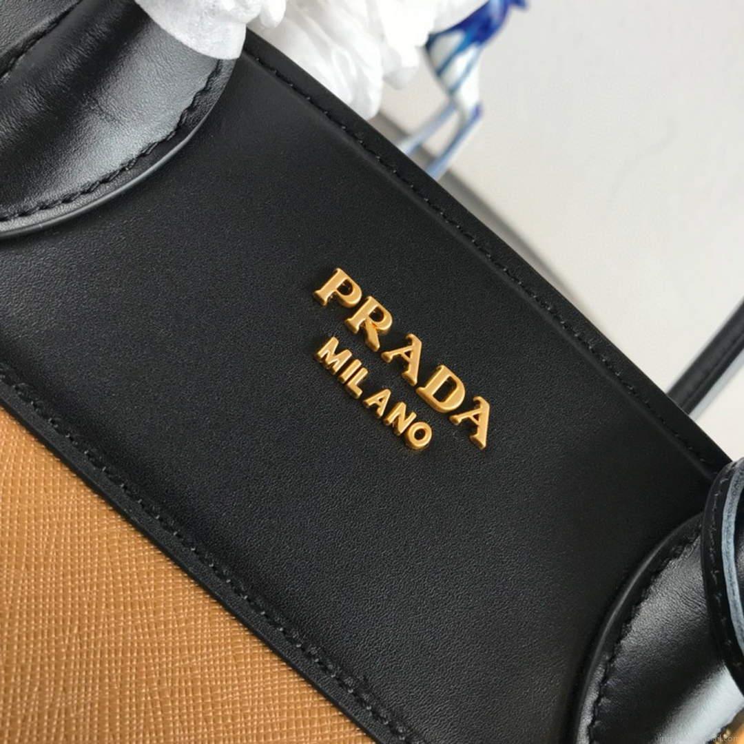 Prada 1BA046 Medium Esplanade Leather Tote Bag Apricot and Black
