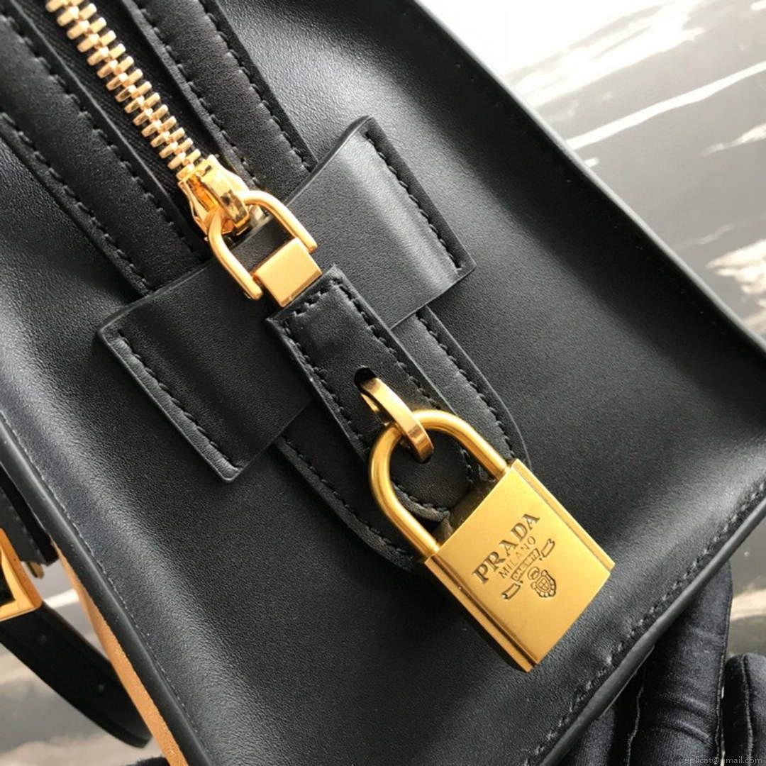 Prada 1BA046 Medium Esplanade Leather Tote Bag Apricot and Black