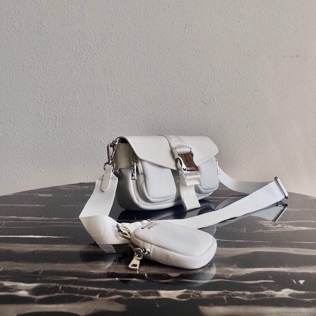 Prada Pocket Nylon and Brushed Leather Bag 1BD295 White