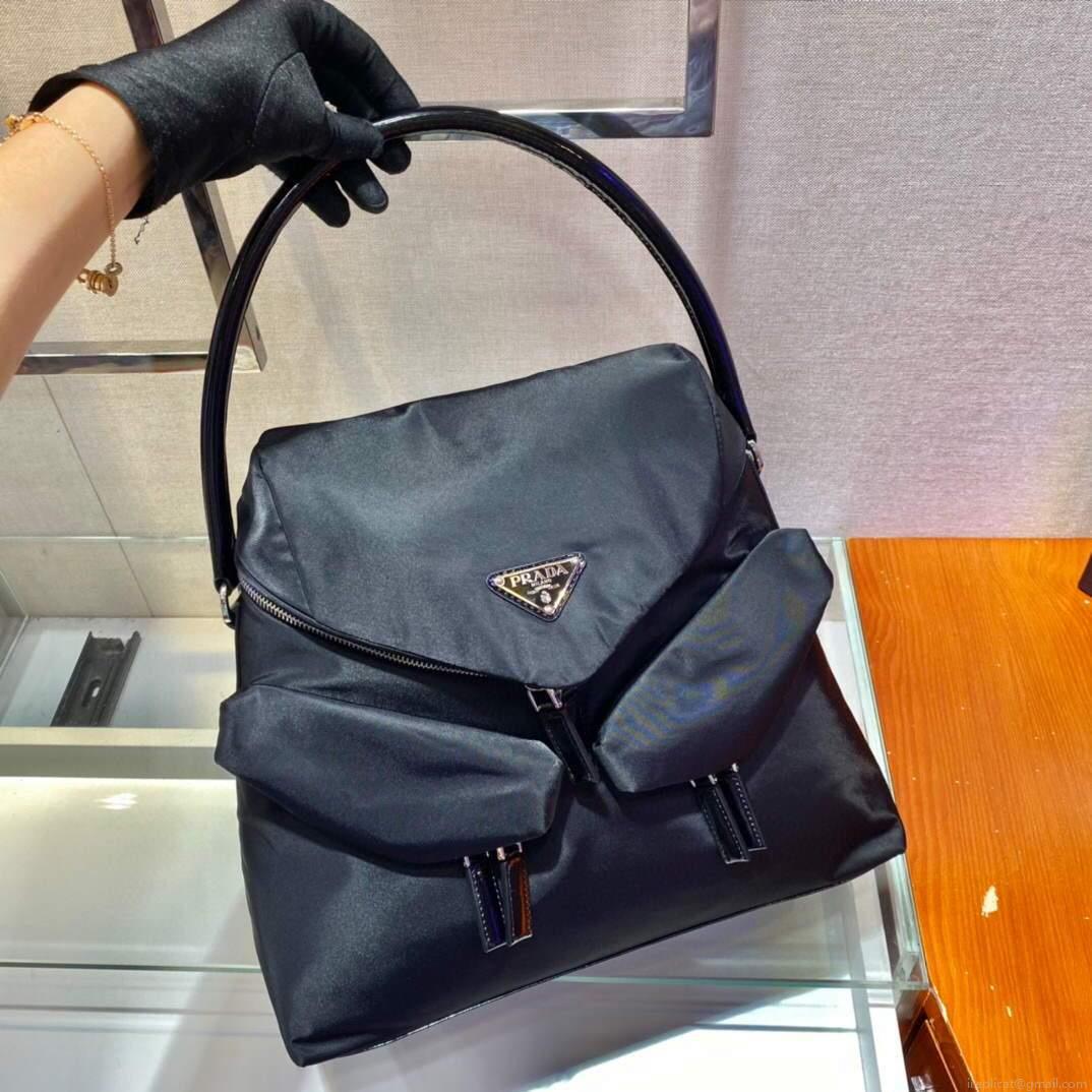 Prada Signaux Nylon and Leather Hobo Bag 1BC160 Black