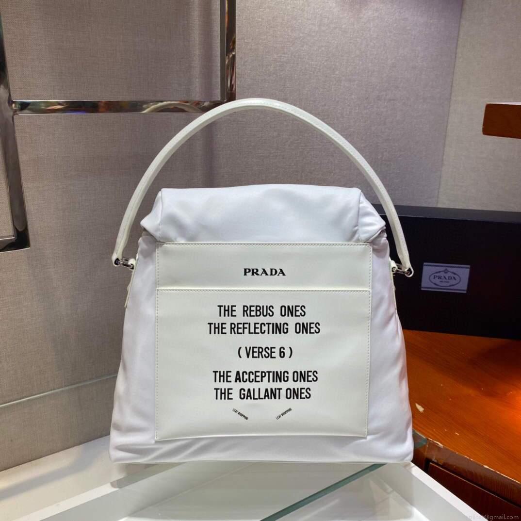 Prada Signaux Nylon and Leather Hobo Bag 1BC160 White