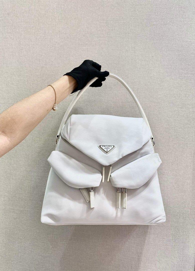 Prada Signaux Nylon and Leather Hobo Bag 1BC160 White