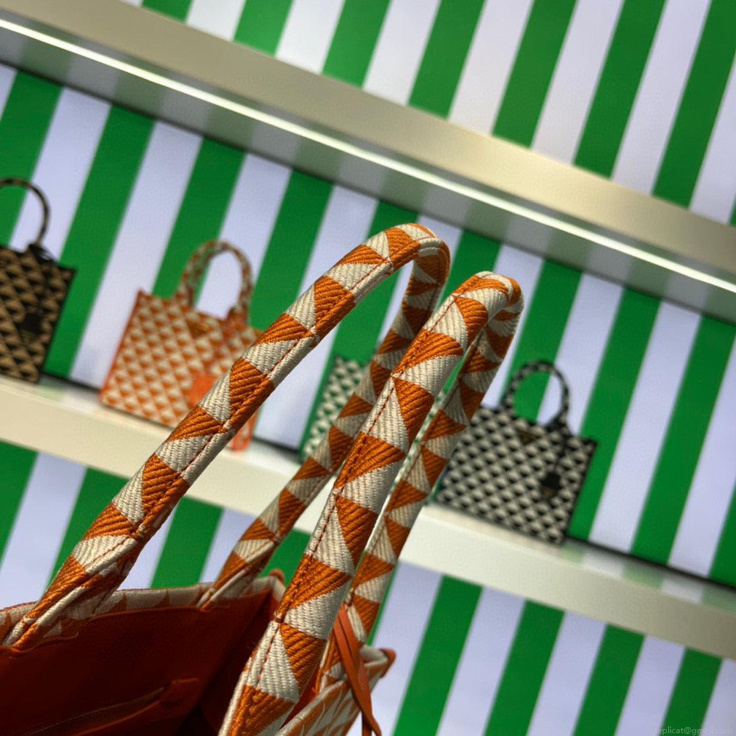 Prada 1BA356 Large Prada Symbole Jacquard Fabric Handbag Orange White