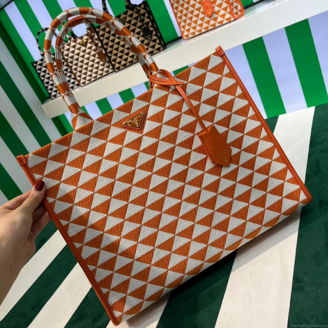Prada 1BA356 Large Prada Symbole Jacquard Fabric Handbag Orange White