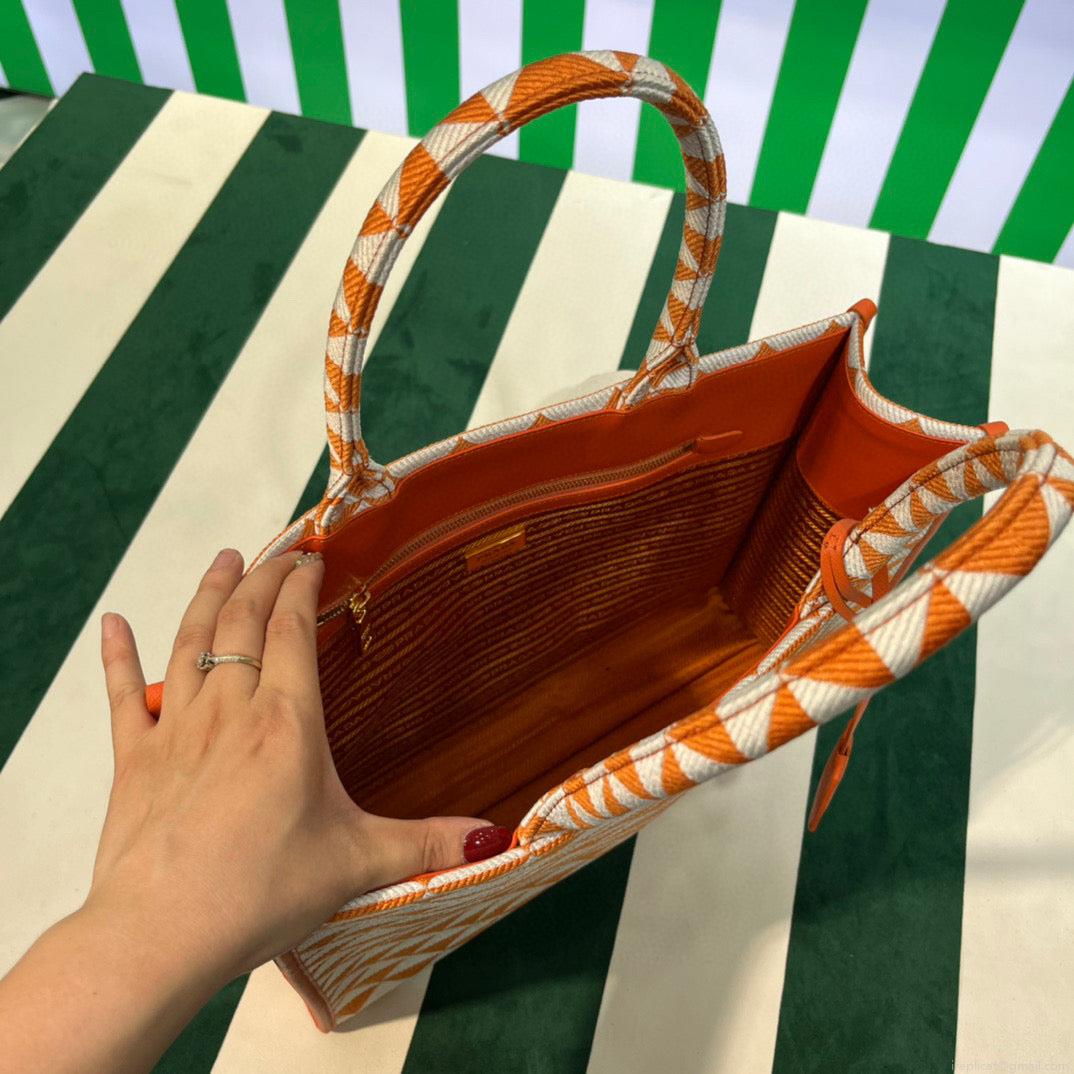 Prada 1BA356 Large Prada Symbole Jacquard Fabric Handbag Orange White