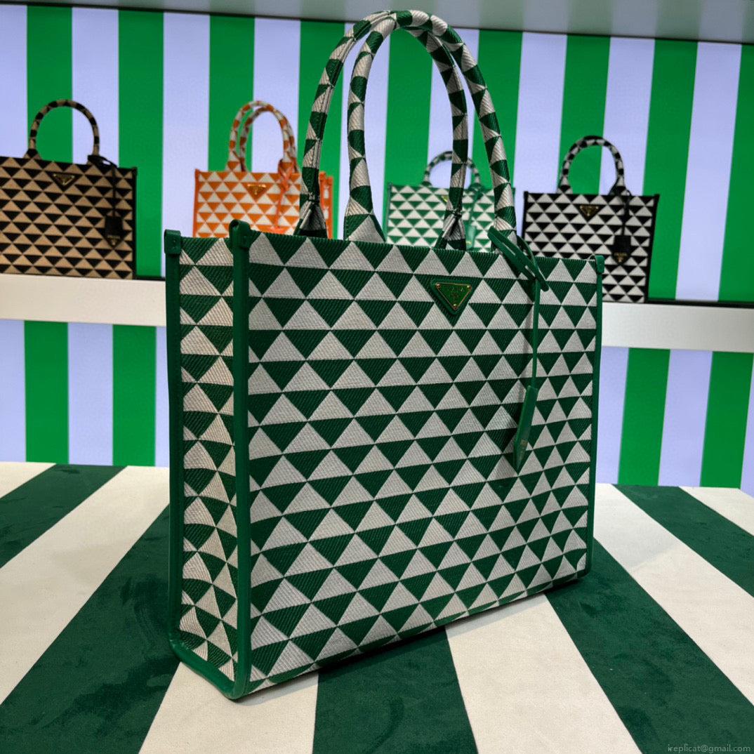 Prada 1BA356 Large Prada Symbole Jacquard Fabric Handbag Green White