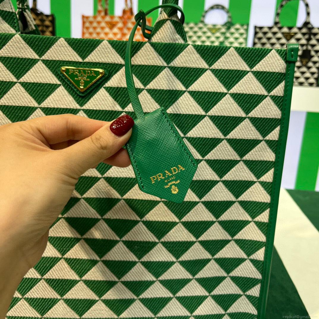 Prada 1BA356 Large Prada Symbole Jacquard Fabric Handbag Green White