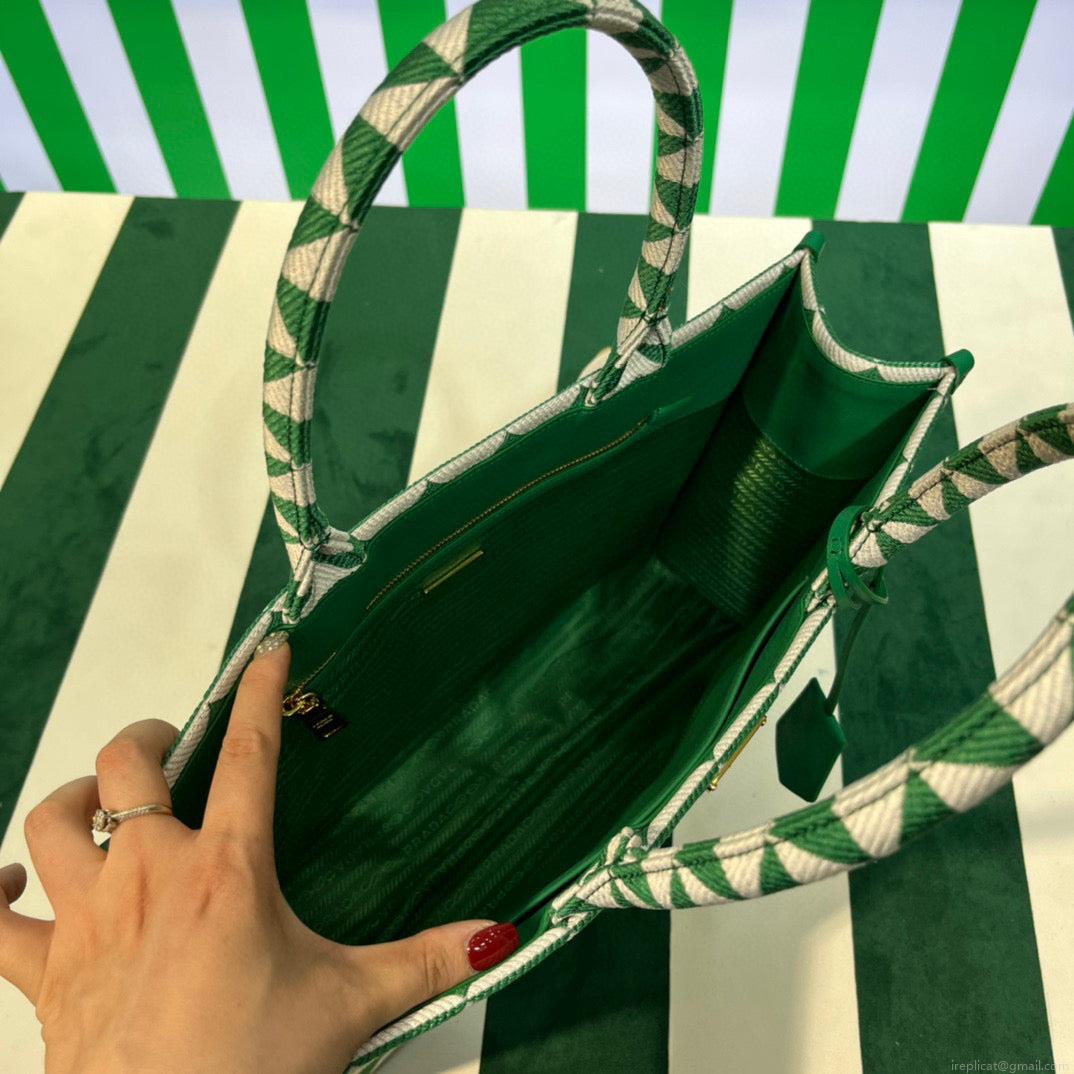 Prada 1BA356 Large Prada Symbole Jacquard Fabric Handbag Green White