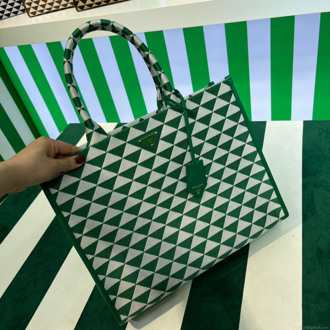 Prada 1BA356 Large Prada Symbole Jacquard Fabric Handbag Green White