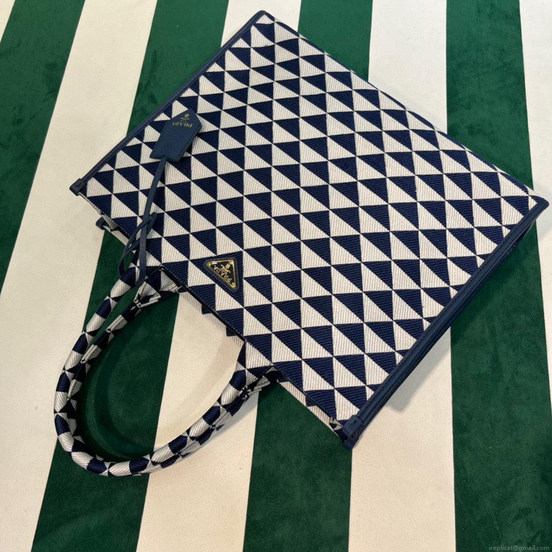 Prada 1BA356 Large Prada Symbole Jacquard Fabric Handbag Blue White