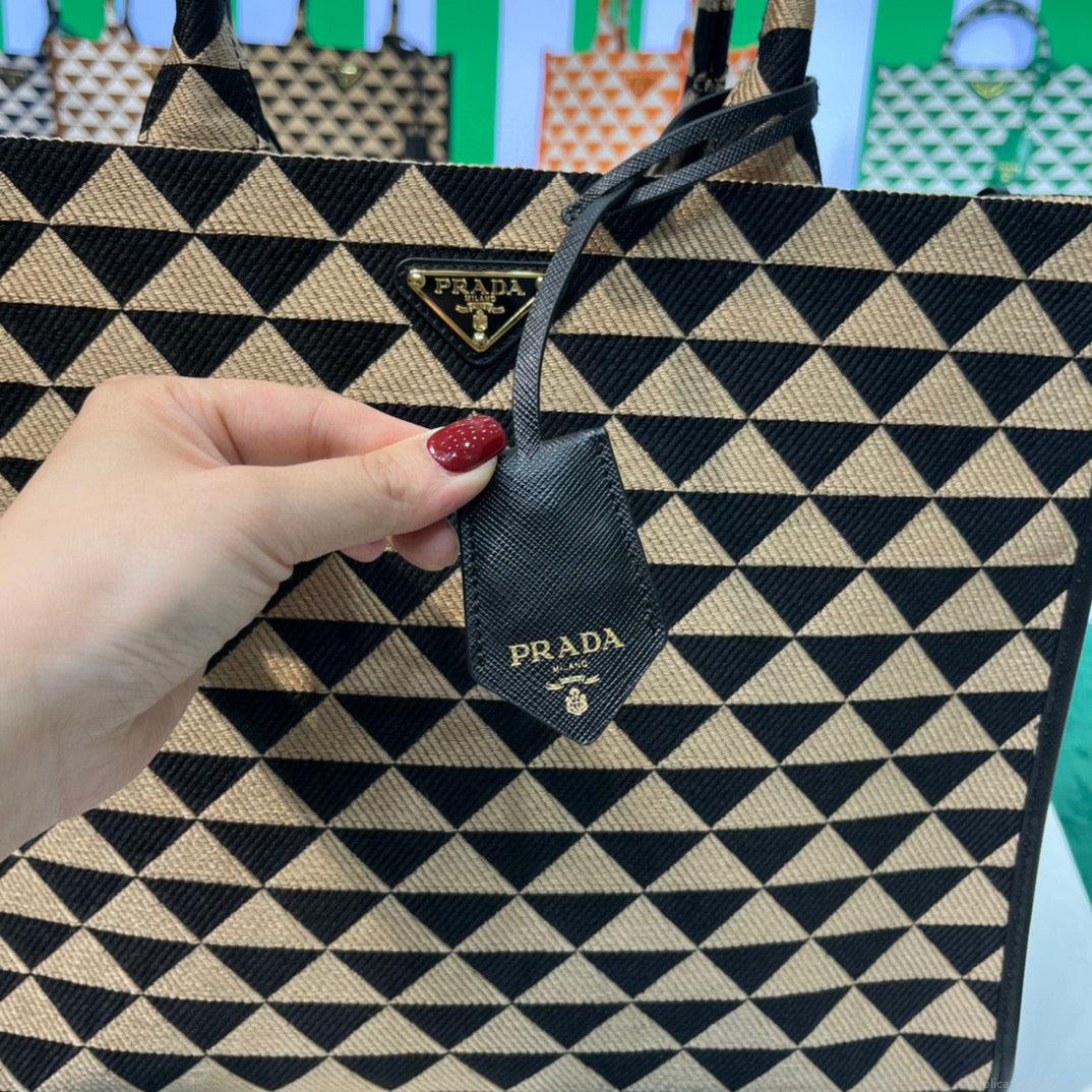 Prada 1BA356 Large Prada Symbole Jacquard Fabric Handbag Apricot Black