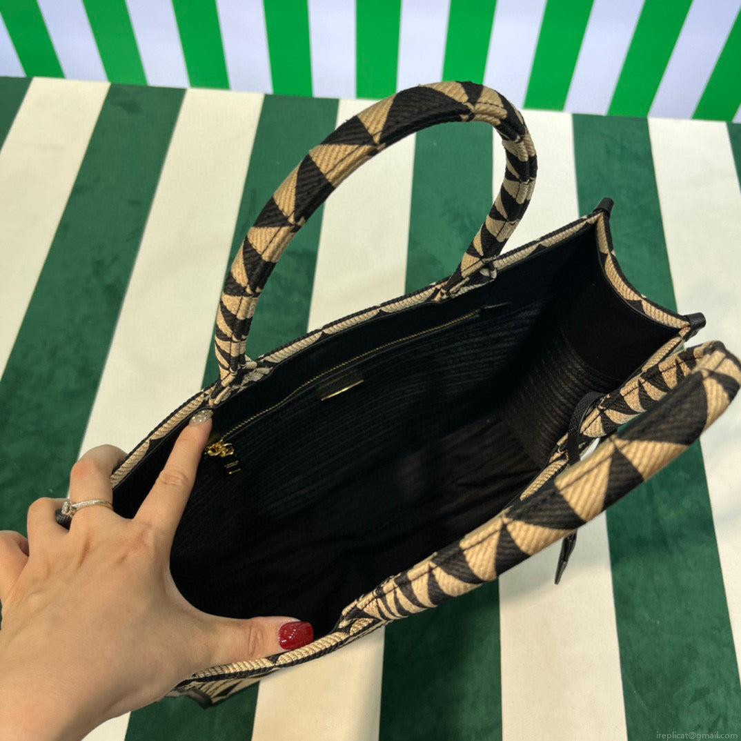 Prada 1BA356 Large Prada Symbole Jacquard Fabric Handbag Apricot Black