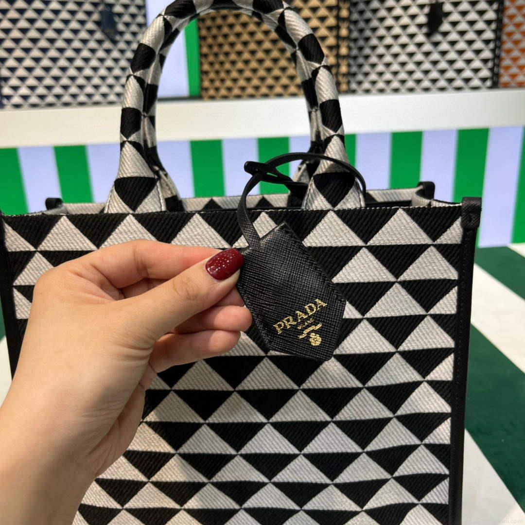 Prada 1BA354 Small Prada Symbole jacquard fabric handbag Black White