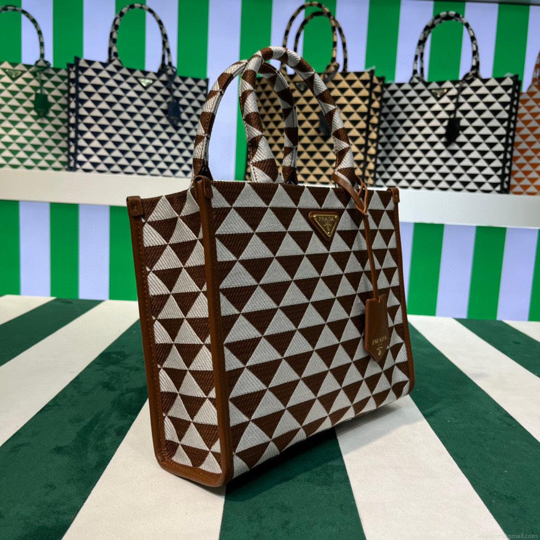 Prada 1BA354 Small Prada Symbole jacquard fabric handbag Tan White