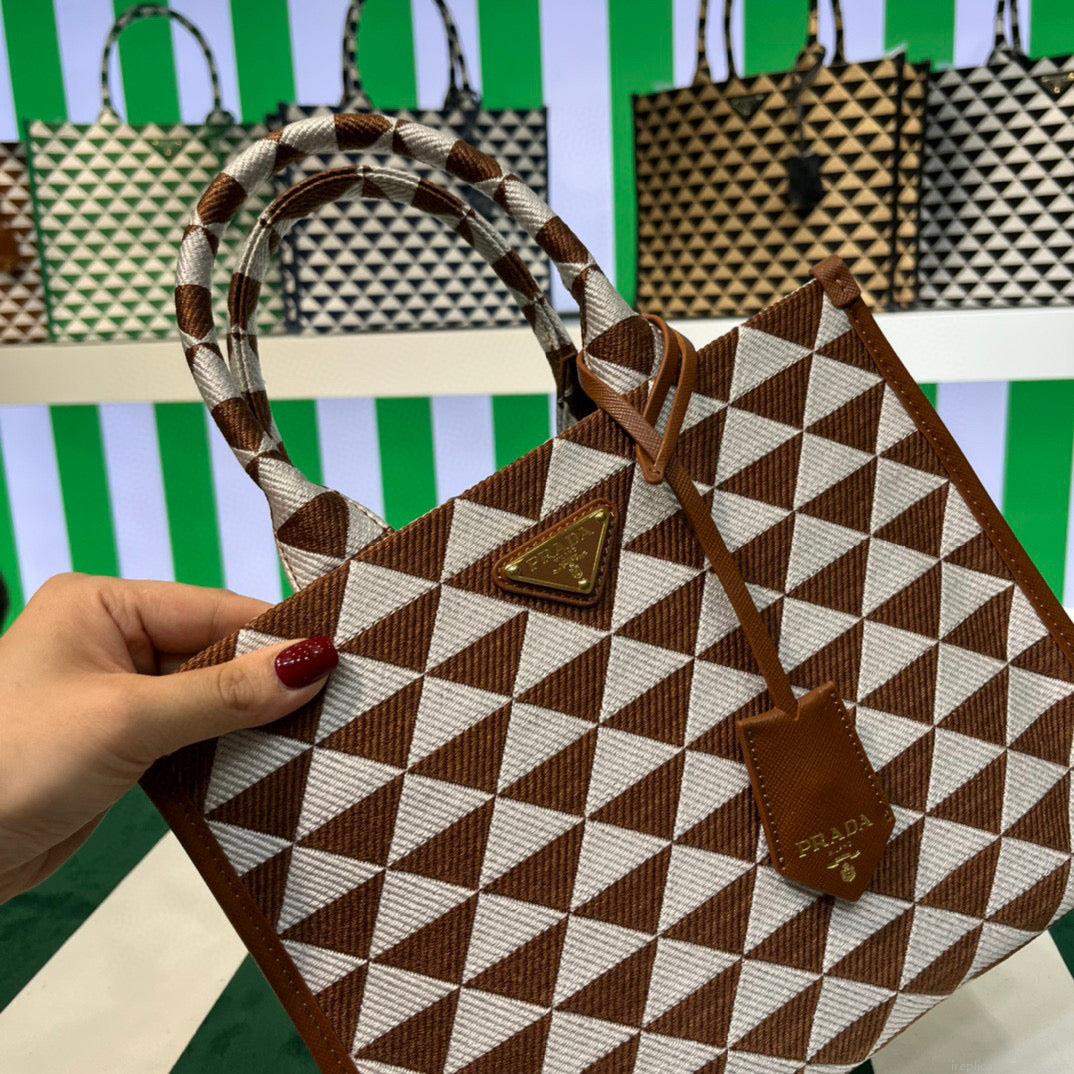 Prada 1BA354 Small Prada Symbole jacquard fabric handbag Tan White