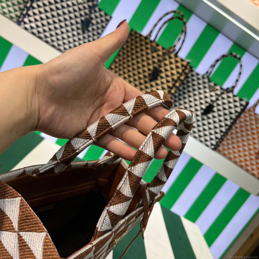 Prada 1BA354 Small Prada Symbole jacquard fabric handbag Tan White