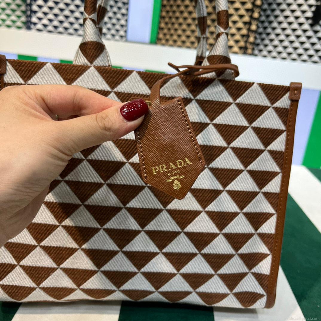 Prada 1BA354 Small Prada Symbole jacquard fabric handbag Tan White