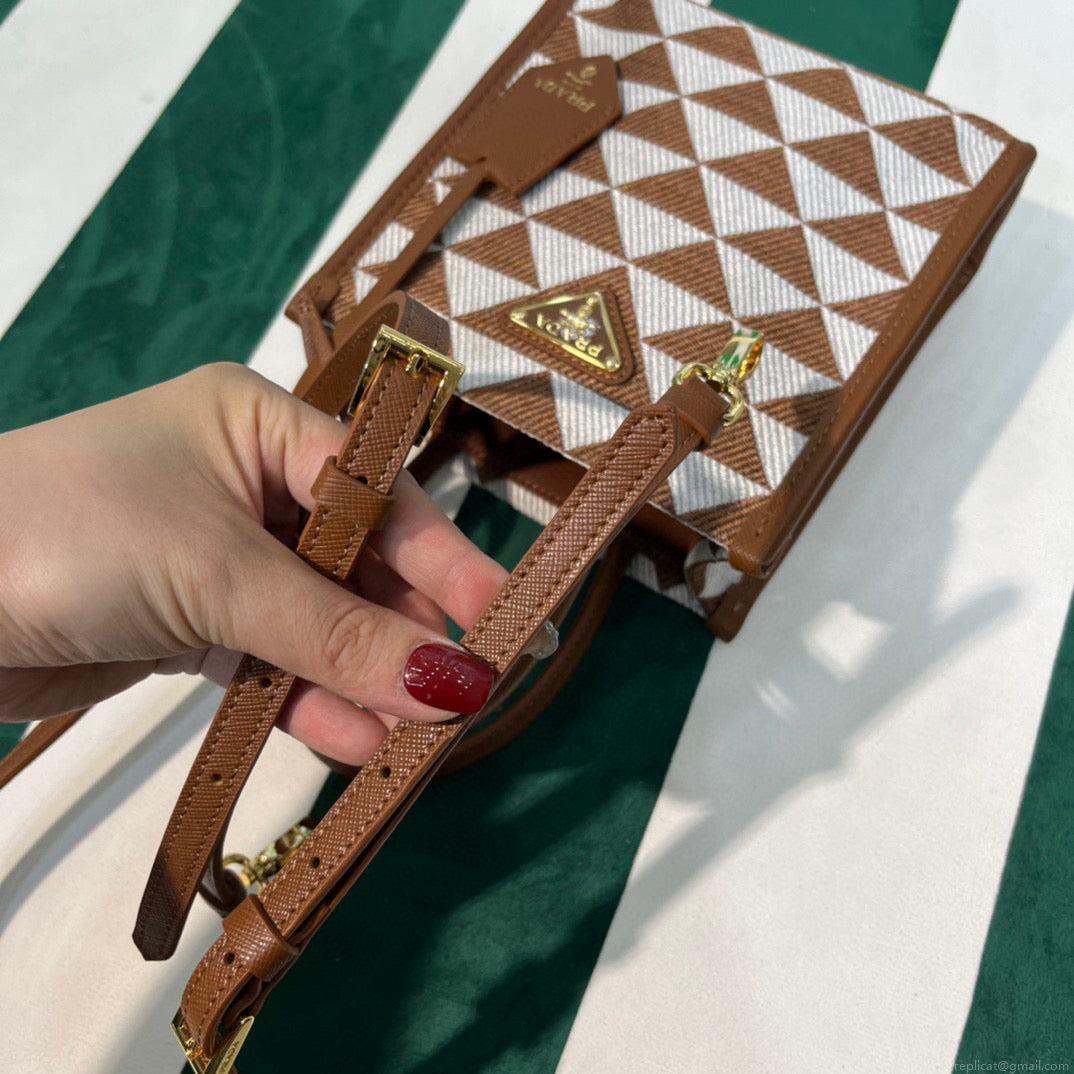 Prada 1BA355 Symbole Jacquard Fabric Micro Bag Tan White