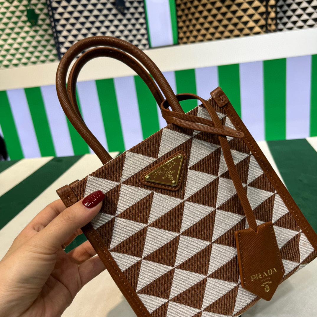 Prada 1BA355 Symbole Jacquard Fabric Micro Bag Tan White