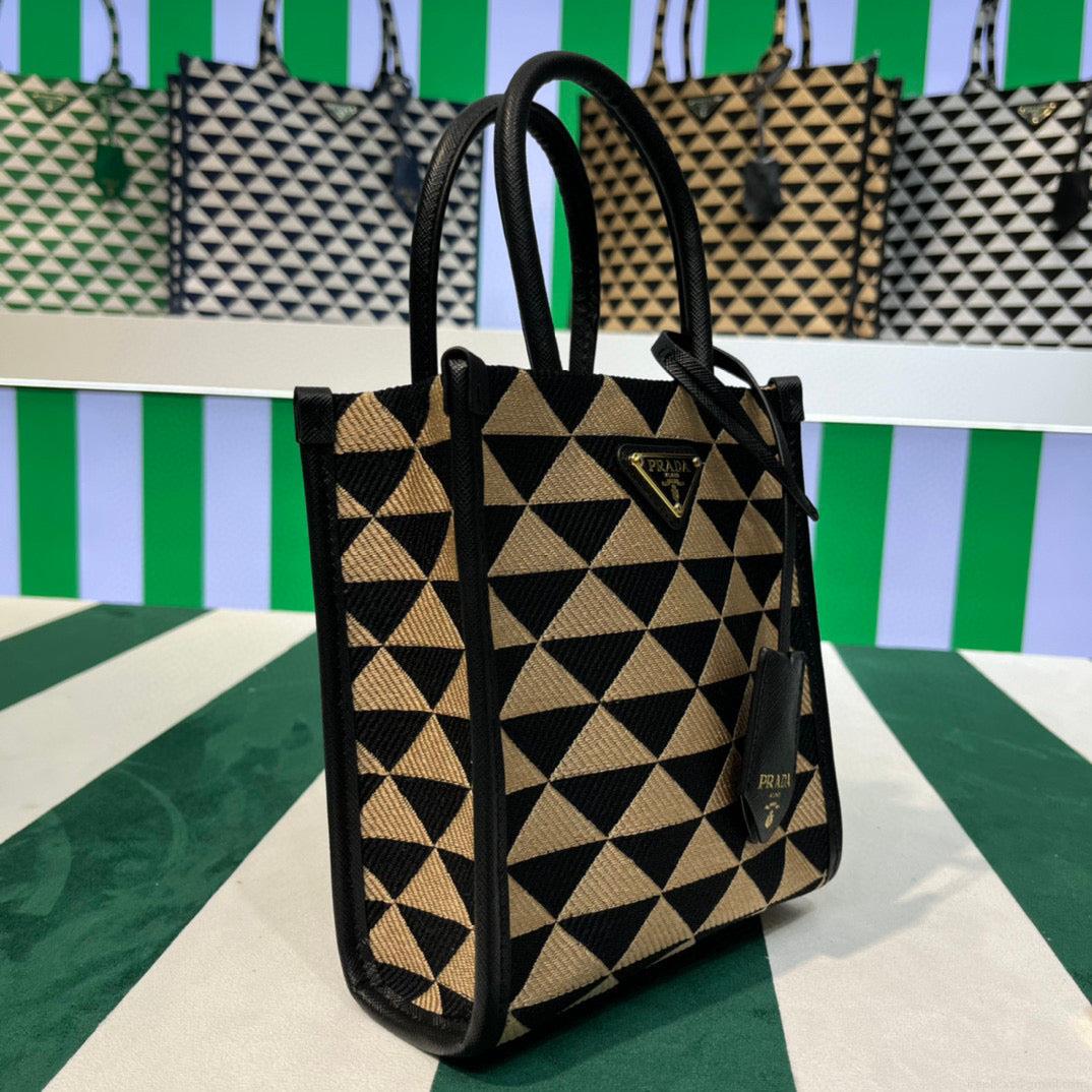 Prada 1BA355 Symbole Jacquard Fabric Micro Bag Black Apricot